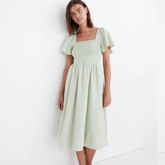 Madewell Sage Green Linen-Blend Lucie Smocked Midi Dress - Picture 2 of 9
